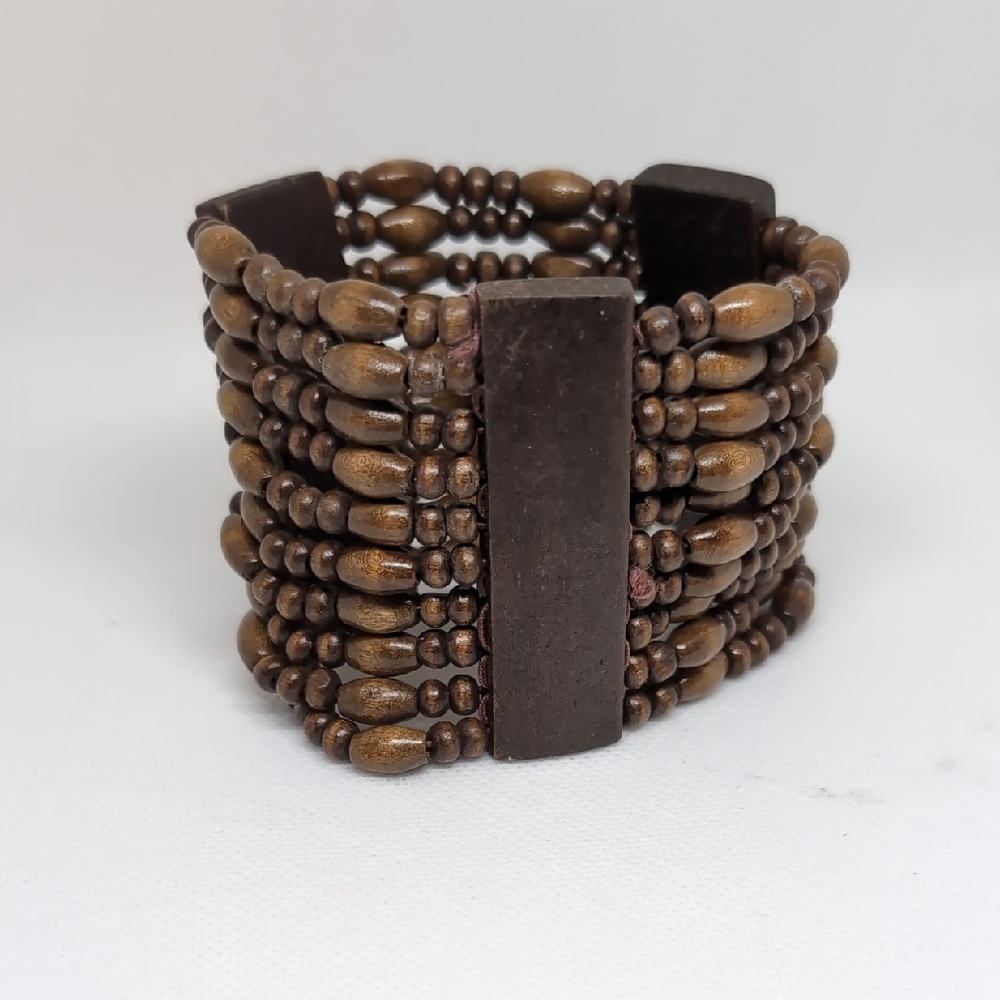 Wide Brown Wooden Bead Bracelet with Earthy Design